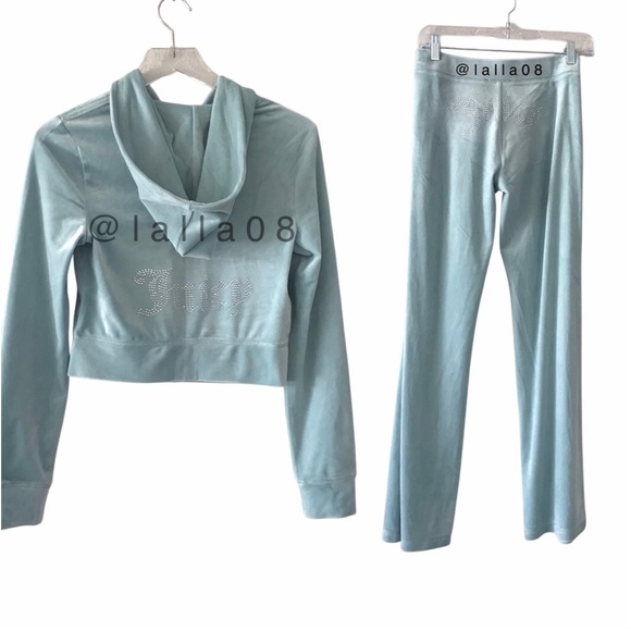 NEW! JUICY COUTURE Velour OG Bling Tracksuit Hoodie & Pant Set Pastel Turquoise - Picture 1 of 13